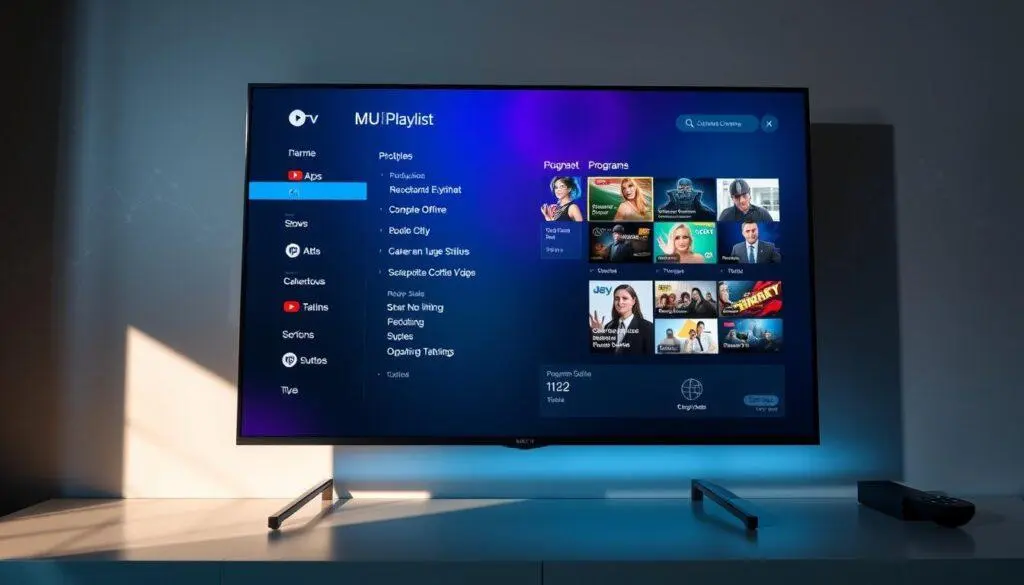 IPTV playlist displayed on a smart TV with organized channels and program information public IPTV playlist displayed on a smart TV